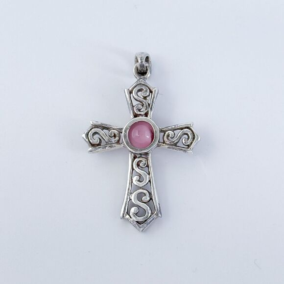 Vintage Sterling Silver 925 Pink Glass Ornate Cross Pendant - Picture 2 of 7